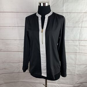 Calvin Klein XS Office Work Career Blouse Roll-up Sleeves Black White Gold Zip
